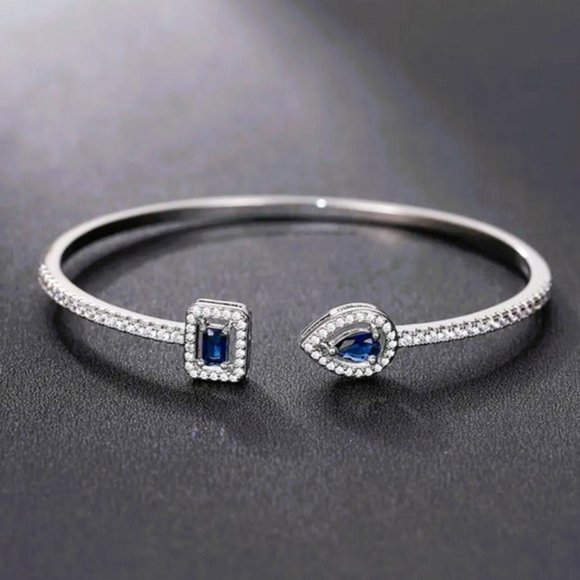 2ct Sapphire Gemstone Diamond Bangle Bracelet Womens Silver Jewelry Blue 2 ct